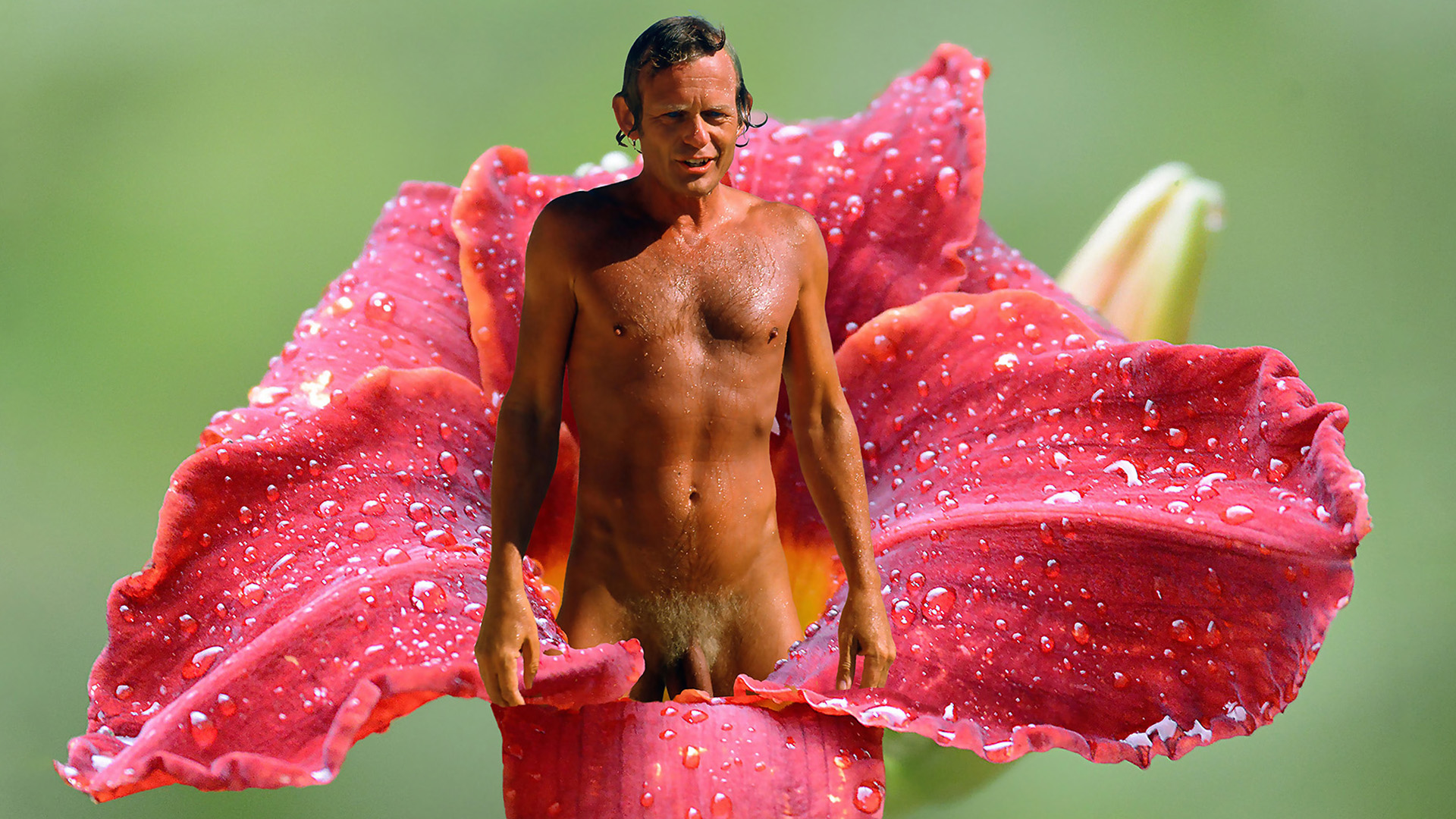 Collage - FKK und Natur - nackter Mann in einer Bluete